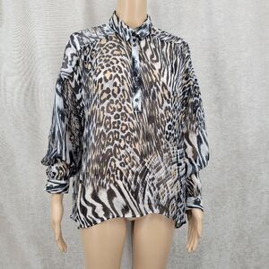 Just Cavalli Silk Chiffon Animal Print Button Up Blouse Long Sleeves Italian